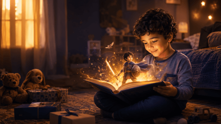 طفل يقرأ قصة مخصصة ضمن أفكار هدايا عيد ميلاد أطفال